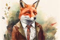 Elegant well dressed red fox vintage style watercolour