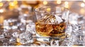 Elegant whiskey glass with ice cubes on a serene and uncluttered neutral background