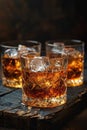 Elegant whiskey glasses with ice on a dark wooden background Royalty Free Stock Photo