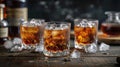 Elegant whiskey glasses with ice on a dark wooden table in a moody setting Royalty Free Stock Photo