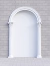 Elegant white arch with Corinthian style column decorated in a gray brick wall with empty frame for content 3d render