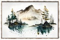 A lovely watercolor painting with a lake, pines, and mountains