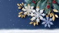 Elegant white and blue snowflakes hanging from Christmas tree branch with golden leaves on dark blue background Royalty Free Stock Photo
