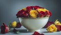 Elegant White Bowl With Golden Trim Overflows With A Luxurious Assortment Of Red And Yellow Roses Royalty Free Stock Photo