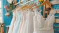 Elegant white bridal dresses on hangers in luxury boutique salon close up view
