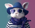 Elegant white bunny with stylish neck scarf, sunglasses and sunhat, ready for marine vacations.