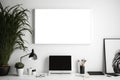 Elegant White Canvas Mockup: Minimalist Workspace, Cheerful Wall, and Inviting Atmosphere