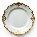 Elegant white ceramic plate with ornate gold rim. Decorative tableware perfect for formal dining as display object. Clean Royalty Free Stock Photo