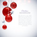 Christmas background with frosted and glossy red Christmas balls, stars and sparks Royalty Free Stock Photo