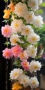 Elegant White Dangling Flower Display With Soft Yellow And Pink Accents