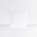 Elegant white empty square photo frame with ornament standing on white wood table in simplicity delicate modern minimal soft light Royalty Free Stock Photo