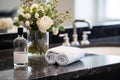 Elegant White Flowers in a Clear Vase on Black Marble Bathroom Vanity with White Towels Royalty Free Stock Photo