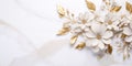 Elegant White and Gold Flowers with Leaves set on Pristine White Marble Texture