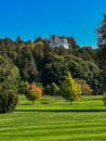 Elegant governor\'s mansion on top of hill on Mackinac Island in Michigan Royalty Free Stock Photo