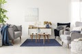 Elegant white, grey and blue living room interior with scandinavian sofa and velvet armchair