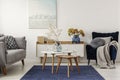 Elegant white, grey and blue living room interior with scandinavian sofa and velvet armchair Royalty Free Stock Photo