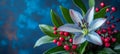 Elegant white lily flower with delicate blue specks and red berries on a deep blue background Royalty Free Stock Photo