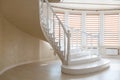 Elegant white natural wood stairs and large windows in the new house Royalty Free Stock Photo