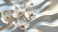 Elegant White Orchid Flowers on Luxurious White Silk Fabric Background Royalty Free Stock Photo