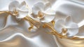 Elegant White Orchids with Gold Accents on Silky Fabric Background Royalty Free Stock Photo