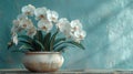 Elegant white orchids in a rustic pot - generative ai Royalty Free Stock Photo