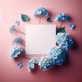 A central white space amidst a spray of blue hydrangeas. floral background, Mockup, colorful background Royalty Free Stock Photo