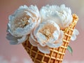 Elegant white peony blossoms in a waffle cone create a unique spring summer floral design on a soft pink backdrop