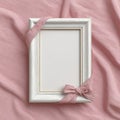 Elegant White Photo Frame with Pink Ribbon on Soft Fabric Background Royalty Free Stock Photo
