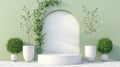 Elegant white round podium placed amidst lush green foliage in a serene outdoor setting