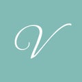 Elegant white script capital letter v initial monogram design set against a soft muted teal background for personalized branding Royalty Free Stock Photo