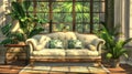 Elegant Living Room With Tropical Plants And Comfortable Sofa Interior Royalty Free Stock Photo