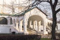 Elegant white stone porch in the sunset light. Fragment of the Smolensky Cathedral in Novodevichy Convent, Moscow. Royalty Free Stock Photo