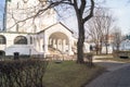 Elegant white stone porch in the sunset light. Fragment of the Smolensky Cathedral in Novodevichy Convent, Moscow. Royalty Free Stock Photo