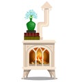 Elegant white stove with books and vase with blue flowers isolated on white background. Vector cartoon close-up Royalty Free Stock Photo