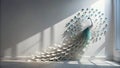 Elegant white and teal peacock wall decor in sunlit room. Generative AI Royalty Free Stock Photo