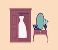 Elegant white wedding dress or gown hanging in wardrobe, wall mirror and dressing table with pearl beads or necklace on