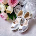 Beautiful bridal shoes and a bouquet of colorful peonies