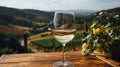 Elegant white wine glass on a wooden table, perfect for winery and celebration themes. Reflects sophistication and relaxation Royalty Free Stock Photo