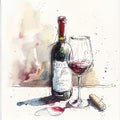 Elegant Wine Bottle and Glass Watercolor Royalty Free Stock Photo