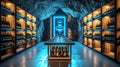 Elegant wine cellar with illuminated shelves and bottles Royalty Free Stock Photo