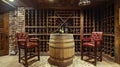 An Elegant Wine Cellar Interior Nestled in the Basement, Adorned with a Decorative Wooden Barrel and Two Regal Red High Chairs Royalty Free Stock Photo