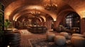 Elegant Wine Cellar with Vaulted Brick Ceiling and Tasting Bar Royalty Free Stock Photo