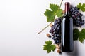 Elegant Wine Delight Bottle of Red Wine with Ripe Grapes and Vine Leaves on Crisp White Background. created with Generative AI Royalty Free Stock Photo