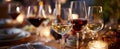 The elegant wine glasses at a romantic dinner setting with soft lighting.AI generated image Royalty Free Stock Photo