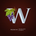 Elegant Wine Logo. Monogram Letter W. Royal silver letter W with Grapes, Leaf and Curl. Calligraphic graceful template art