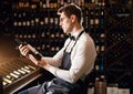 Elegant wine seller holding a bottle of wine and reading label in a wine store Royalty Free Stock Photo