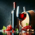 Elegant wine setup with a filled glass, bottle, barrel, and red grapes on a reflective surface, dark background. Royalty Free Stock Photo