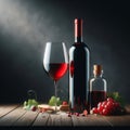 Elegant wine setup with a filled glass, bottles, grapes, and corkscrew on a rustic wooden table against a dark backdrop. Royalty Free Stock Photo