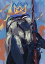 Elegant a wise old monkey wearing a crown and a stick, old wise grunge painting and paper cut, mix-media illustration, wise and