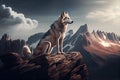 elegant wolf sits atop rocky mountain peak, surveying its territory